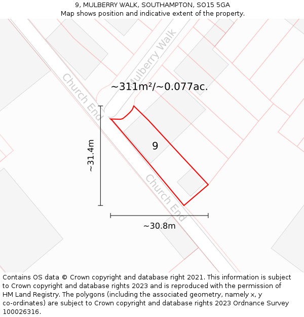 9, MULBERRY WALK, SOUTHAMPTON, SO15 5GA: Plot and title map