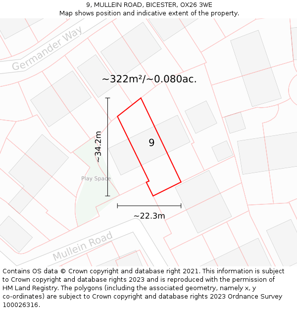 9, MULLEIN ROAD, BICESTER, OX26 3WE: Plot and title map