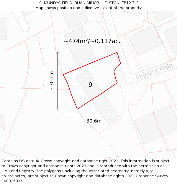 9, MUNDYS FIELD, RUAN MINOR, HELSTON, TR12 7LF: Plot and title map