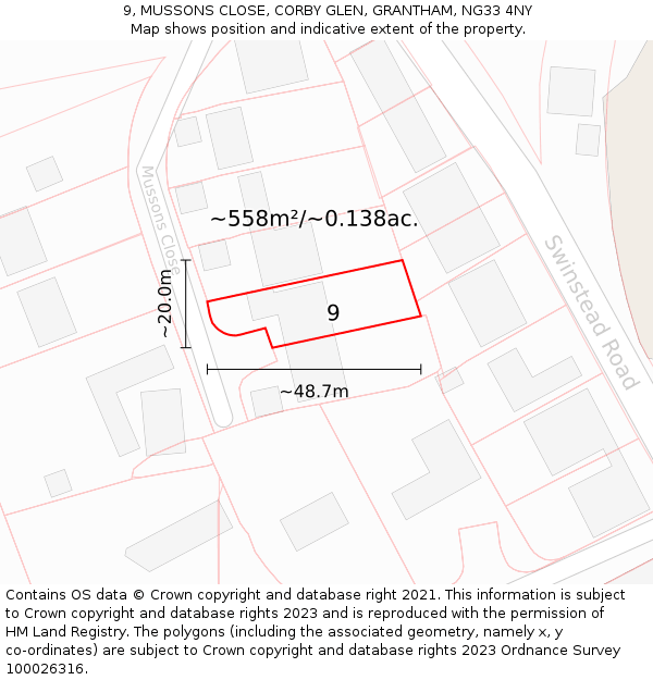 9, MUSSONS CLOSE, CORBY GLEN, GRANTHAM, NG33 4NY: Plot and title map