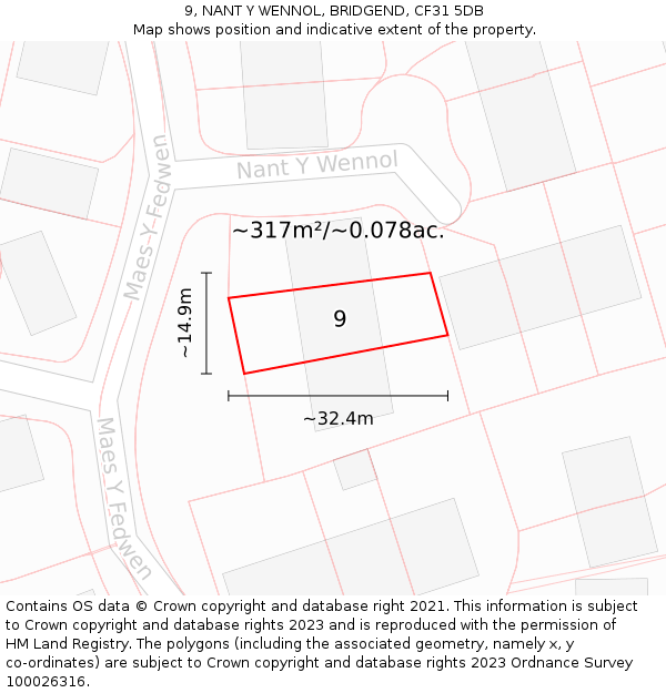 9, NANT Y WENNOL, BRIDGEND, CF31 5DB: Plot and title map