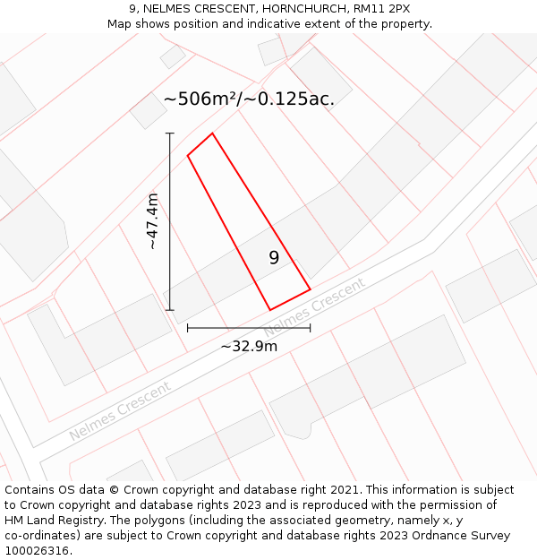 9, NELMES CRESCENT, HORNCHURCH, RM11 2PX: Plot and title map