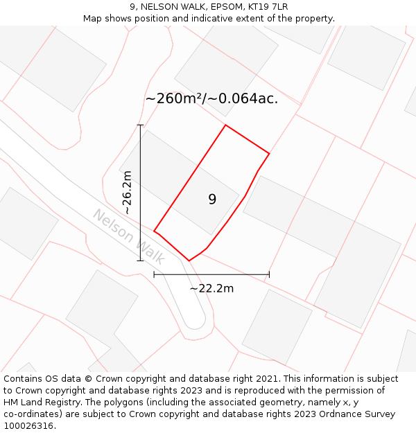 9, NELSON WALK, EPSOM, KT19 7LR: Plot and title map