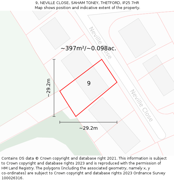 9, NEVILLE CLOSE, SAHAM TONEY, THETFORD, IP25 7HR: Plot and title map