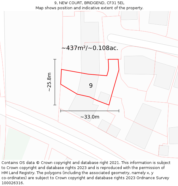 9, NEW COURT, BRIDGEND, CF31 5EL: Plot and title map