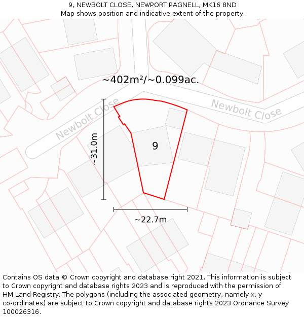 9, NEWBOLT CLOSE, NEWPORT PAGNELL, MK16 8ND: Plot and title map