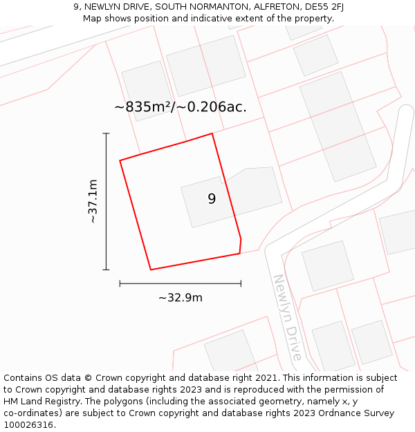 9, NEWLYN DRIVE, SOUTH NORMANTON, ALFRETON, DE55 2FJ: Plot and title map