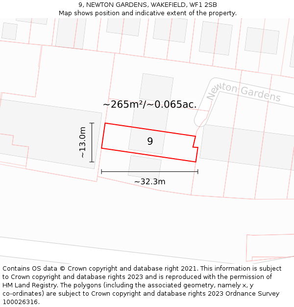 9, NEWTON GARDENS, WAKEFIELD, WF1 2SB: Plot and title map