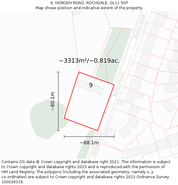 9, NORDEN ROAD, ROCHDALE, OL11 5NT: Plot and title map