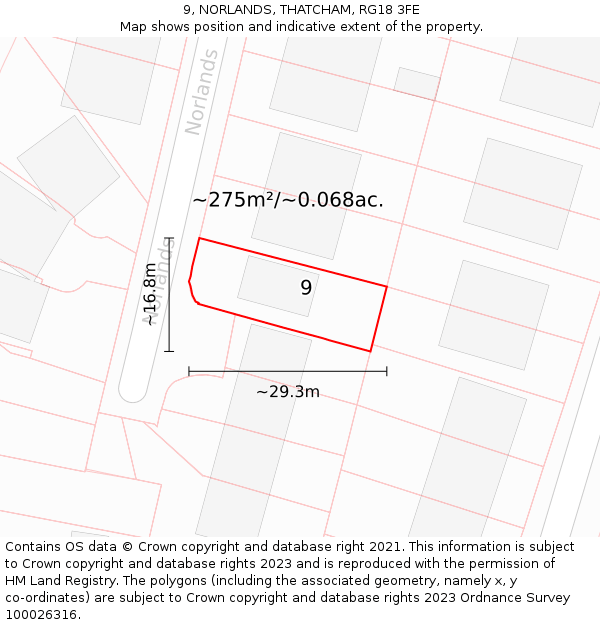 9, NORLANDS, THATCHAM, RG18 3FE: Plot and title map