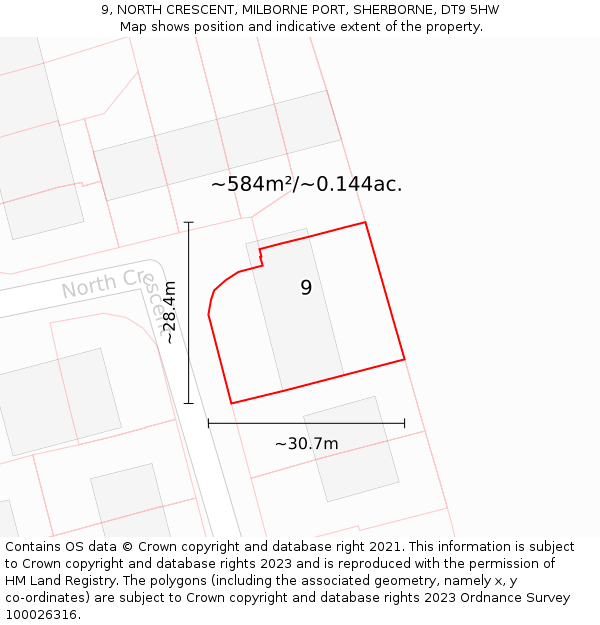 9, NORTH CRESCENT, MILBORNE PORT, SHERBORNE, DT9 5HW: Plot and title map