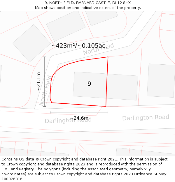 9, NORTH FIELD, BARNARD CASTLE, DL12 8HX: Plot and title map