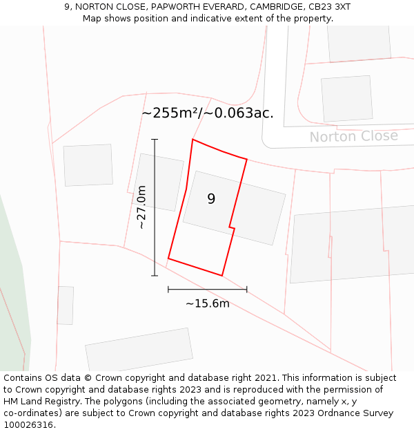 9, NORTON CLOSE, PAPWORTH EVERARD, CAMBRIDGE, CB23 3XT: Plot and title map