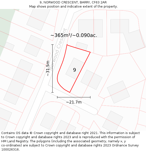 9, NORWOOD CRESCENT, BARRY, CF63 2AR: Plot and title map