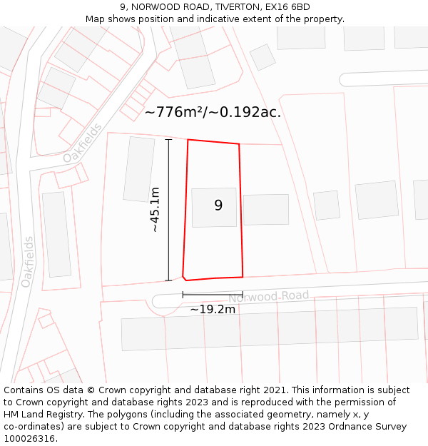 9, NORWOOD ROAD, TIVERTON, EX16 6BD: Plot and title map