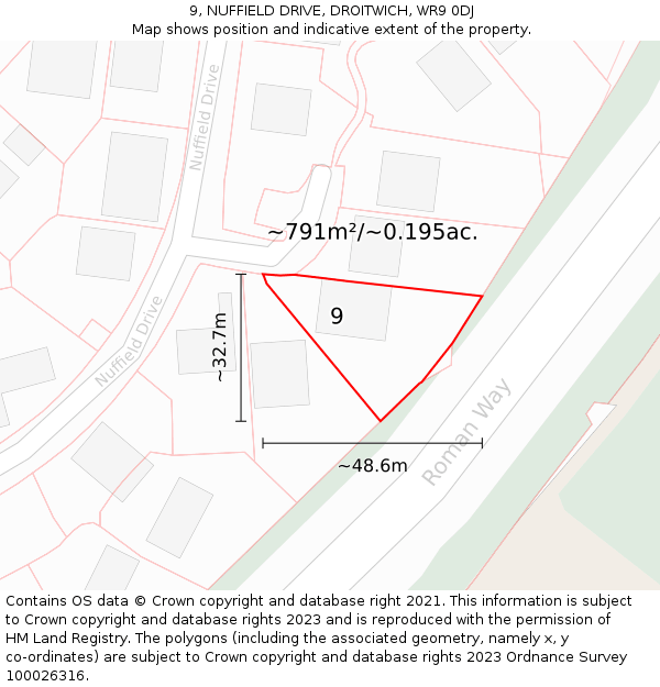 9, NUFFIELD DRIVE, DROITWICH, WR9 0DJ: Plot and title map