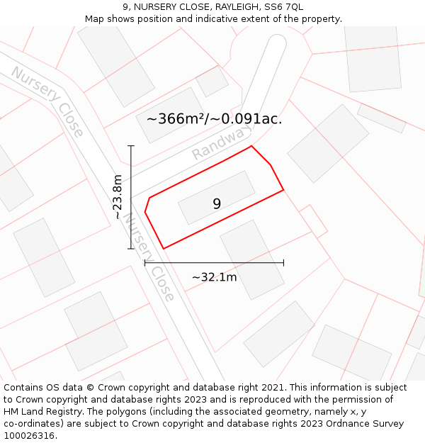 9, NURSERY CLOSE, RAYLEIGH, SS6 7QL: Plot and title map
