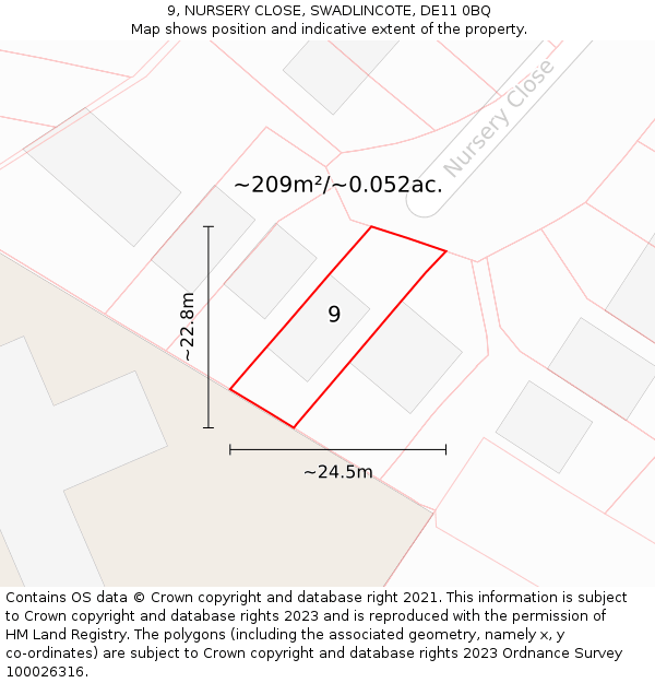 9, NURSERY CLOSE, SWADLINCOTE, DE11 0BQ: Plot and title map