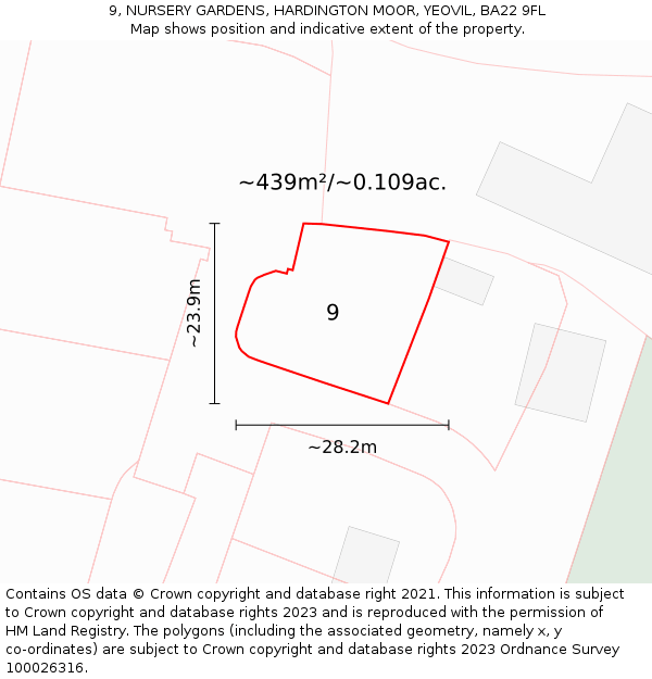 9, NURSERY GARDENS, HARDINGTON MOOR, YEOVIL, BA22 9FL: Plot and title map