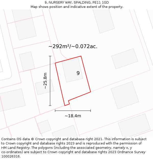 9, NURSERY WAY, SPALDING, PE11 1GD: Plot and title map