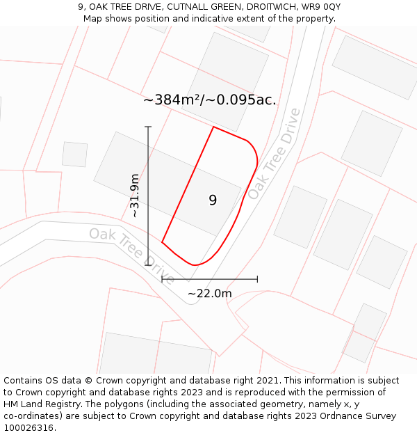 9, OAK TREE DRIVE, CUTNALL GREEN, DROITWICH, WR9 0QY: Plot and title map