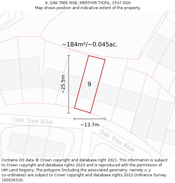 9, OAK TREE RISE, MERTHYR TYDFIL, CF47 0SN: Plot and title map