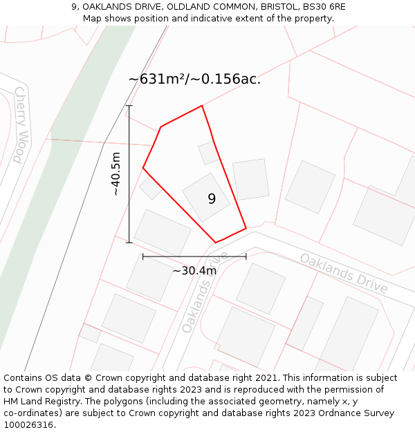 9, OAKLANDS DRIVE, OLDLAND COMMON, BRISTOL, BS30 6RE: Plot and title map