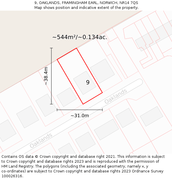 9, OAKLANDS, FRAMINGHAM EARL, NORWICH, NR14 7QS: Plot and title map