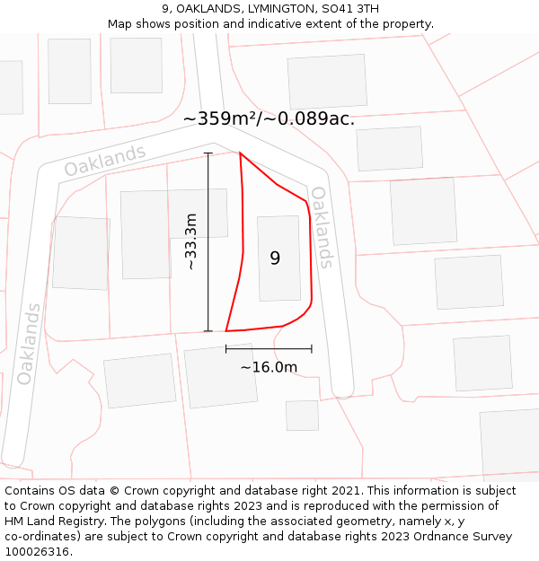 9, OAKLANDS, LYMINGTON, SO41 3TH: Plot and title map