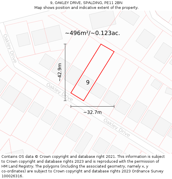 9, OAKLEY DRIVE, SPALDING, PE11 2BN: Plot and title map