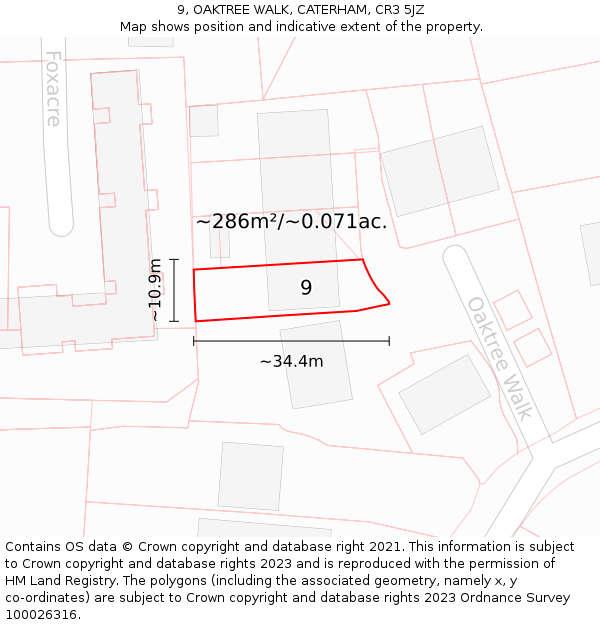 9, OAKTREE WALK, CATERHAM, CR3 5JZ: Plot and title map