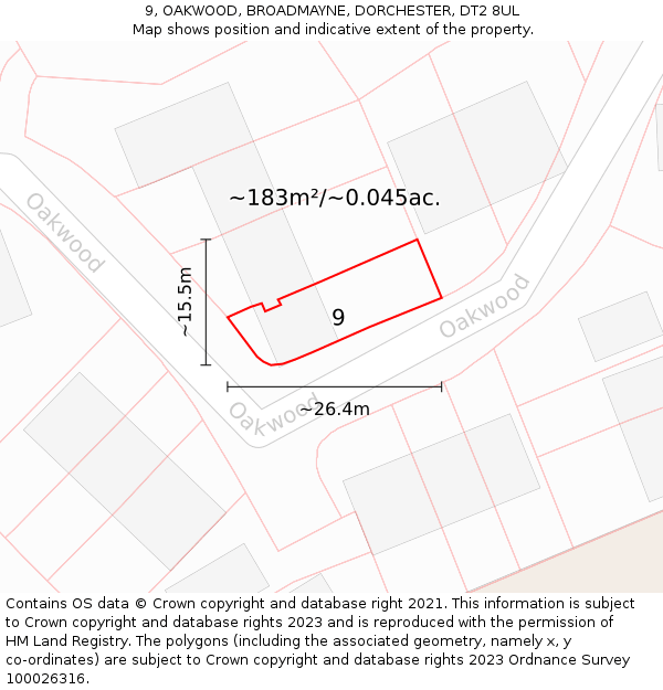 9, OAKWOOD, BROADMAYNE, DORCHESTER, DT2 8UL: Plot and title map