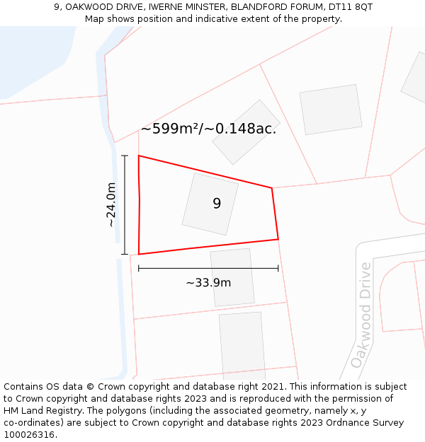 9, OAKWOOD DRIVE, IWERNE MINSTER, BLANDFORD FORUM, DT11 8QT: Plot and title map