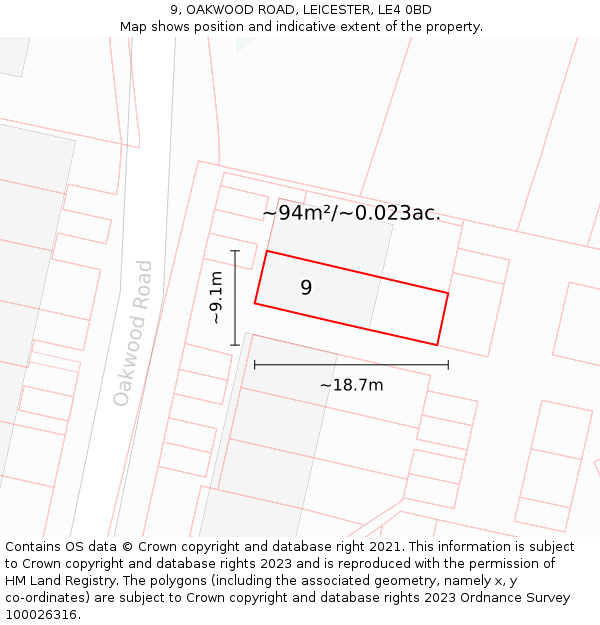 9, OAKWOOD ROAD, LEICESTER, LE4 0BD: Plot and title map