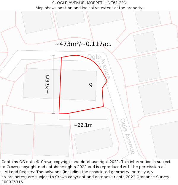 9, OGLE AVENUE, MORPETH, NE61 2PN: Plot and title map