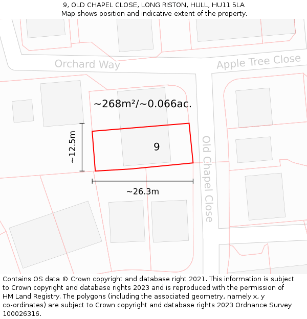 9, OLD CHAPEL CLOSE, LONG RISTON, HULL, HU11 5LA: Plot and title map