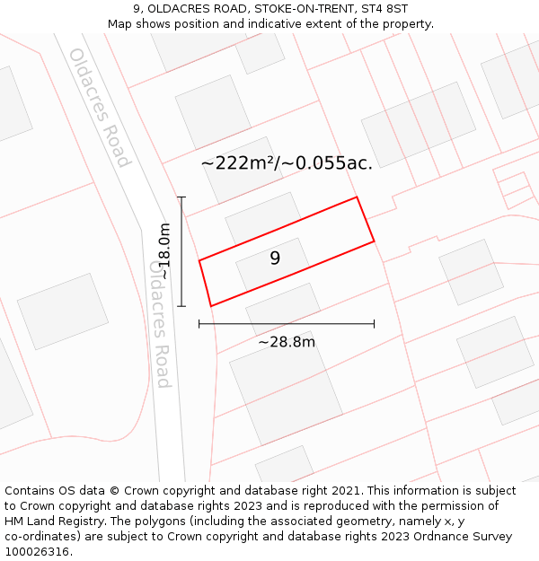 9, OLDACRES ROAD, STOKE-ON-TRENT, ST4 8ST: Plot and title map
