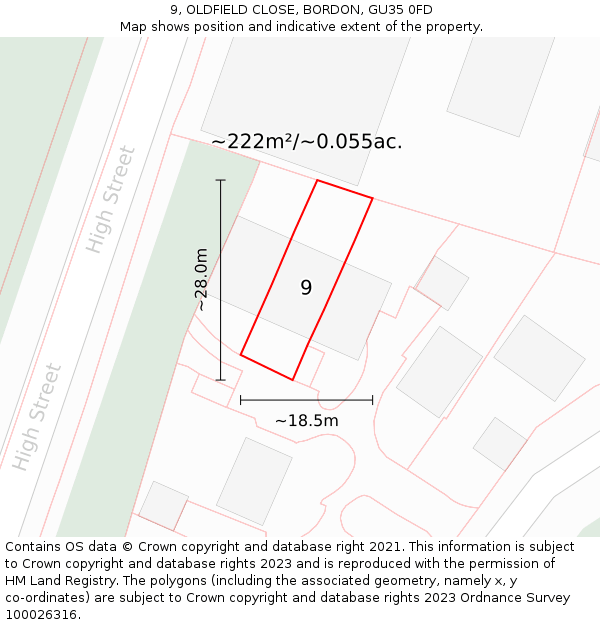 9, OLDFIELD CLOSE, BORDON, GU35 0FD: Plot and title map