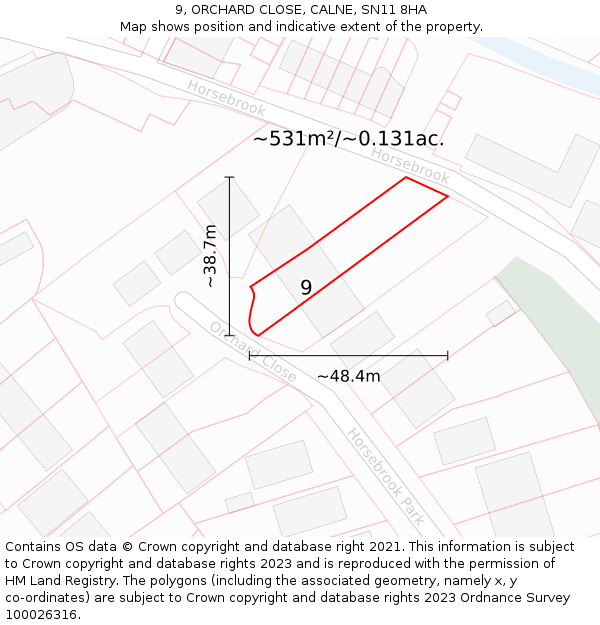 9, ORCHARD CLOSE, CALNE, SN11 8HA: Plot and title map