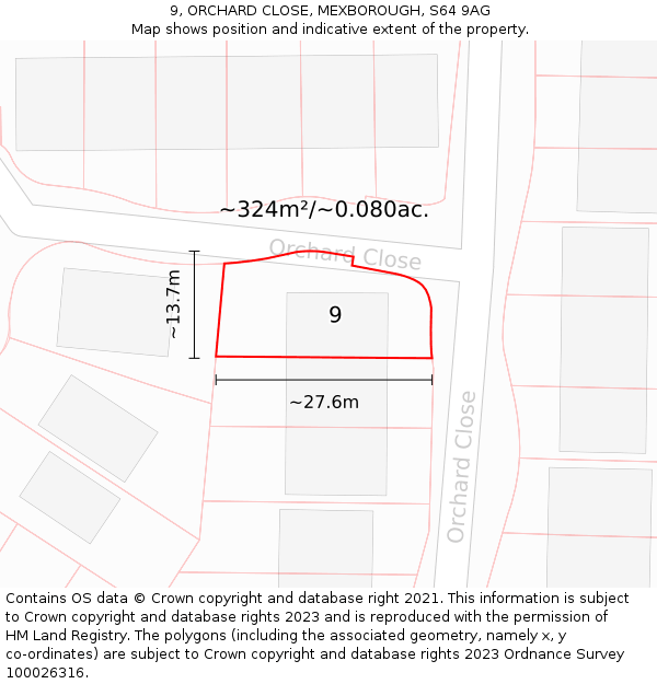 9, ORCHARD CLOSE, MEXBOROUGH, S64 9AG: Plot and title map