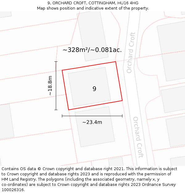 9, ORCHARD CROFT, COTTINGHAM, HU16 4HG: Plot and title map