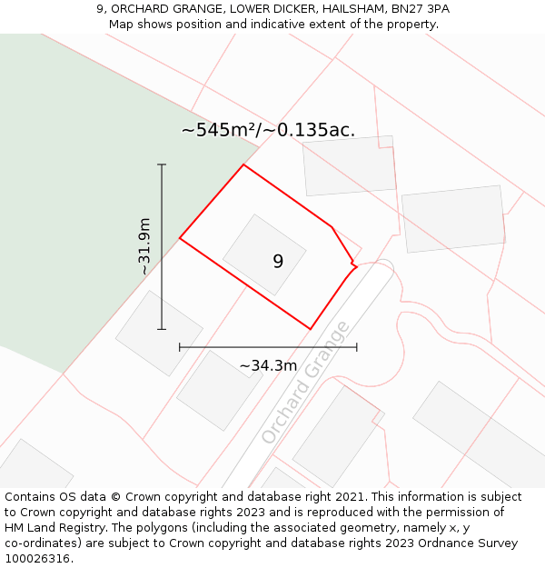 9, ORCHARD GRANGE, LOWER DICKER, HAILSHAM, BN27 3PA: Plot and title map