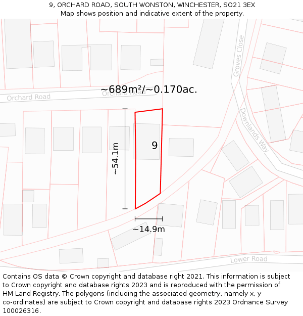 9, ORCHARD ROAD, SOUTH WONSTON, WINCHESTER, SO21 3EX: Plot and title map