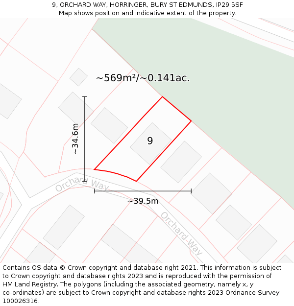 9, ORCHARD WAY, HORRINGER, BURY ST EDMUNDS, IP29 5SF: Plot and title map