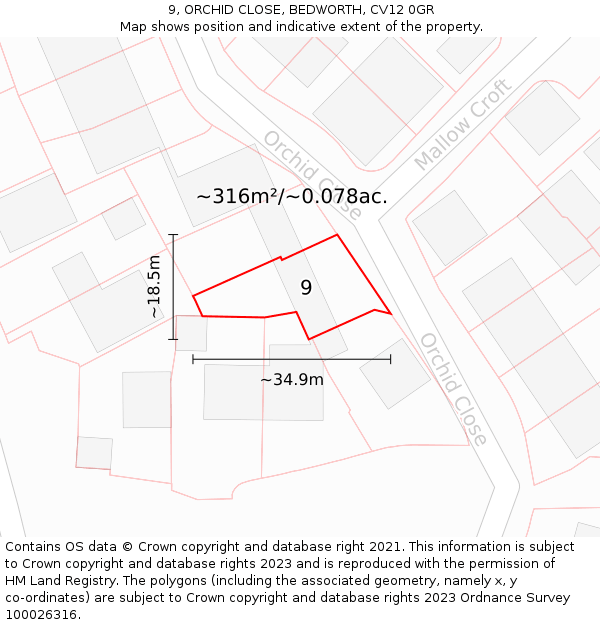 9, ORCHID CLOSE, BEDWORTH, CV12 0GR: Plot and title map
