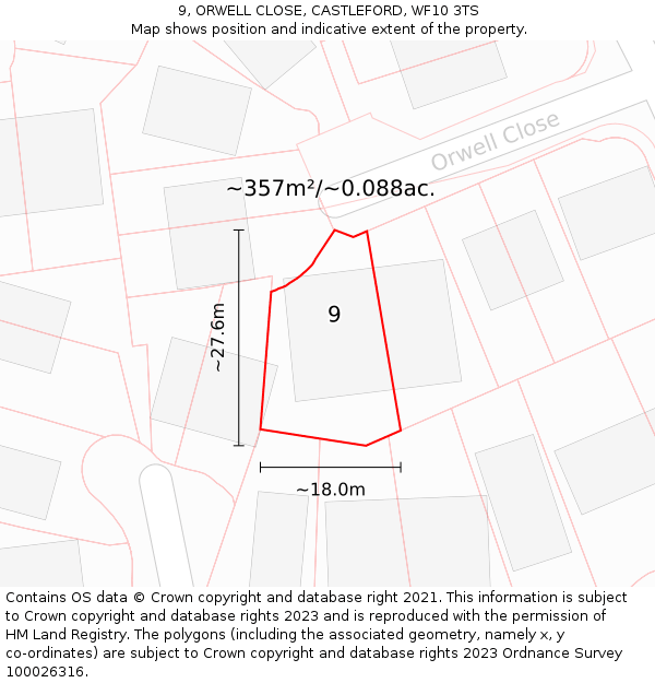 9, ORWELL CLOSE, CASTLEFORD, WF10 3TS: Plot and title map