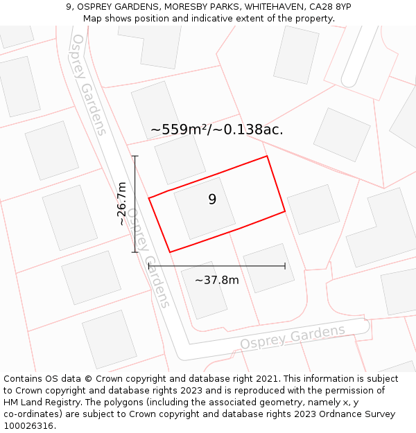 9, OSPREY GARDENS, MORESBY PARKS, WHITEHAVEN, CA28 8YP: Plot and title map