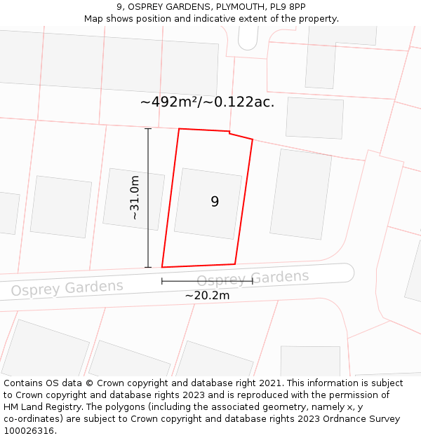 9, OSPREY GARDENS, PLYMOUTH, PL9 8PP: Plot and title map