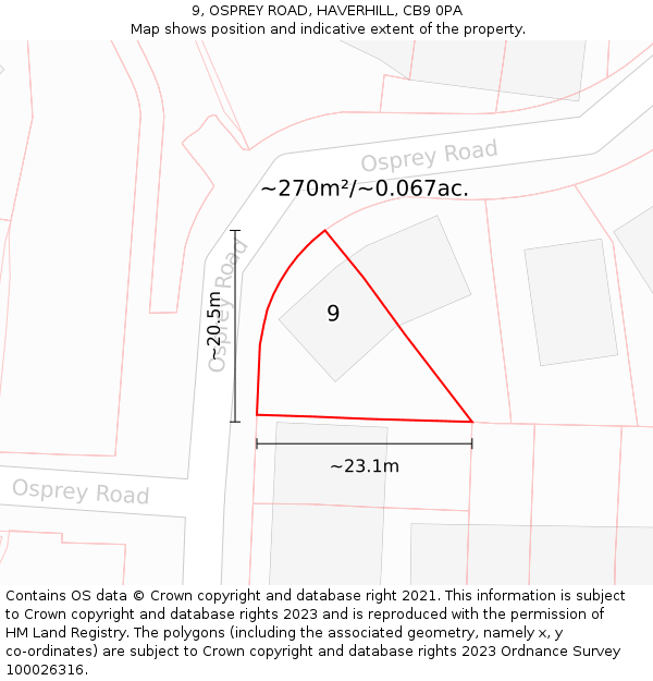9, OSPREY ROAD, HAVERHILL, CB9 0PA: Plot and title map
