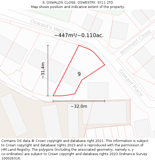9, OSWALDS CLOSE, OSWESTRY, SY11 2TD: Plot and title map